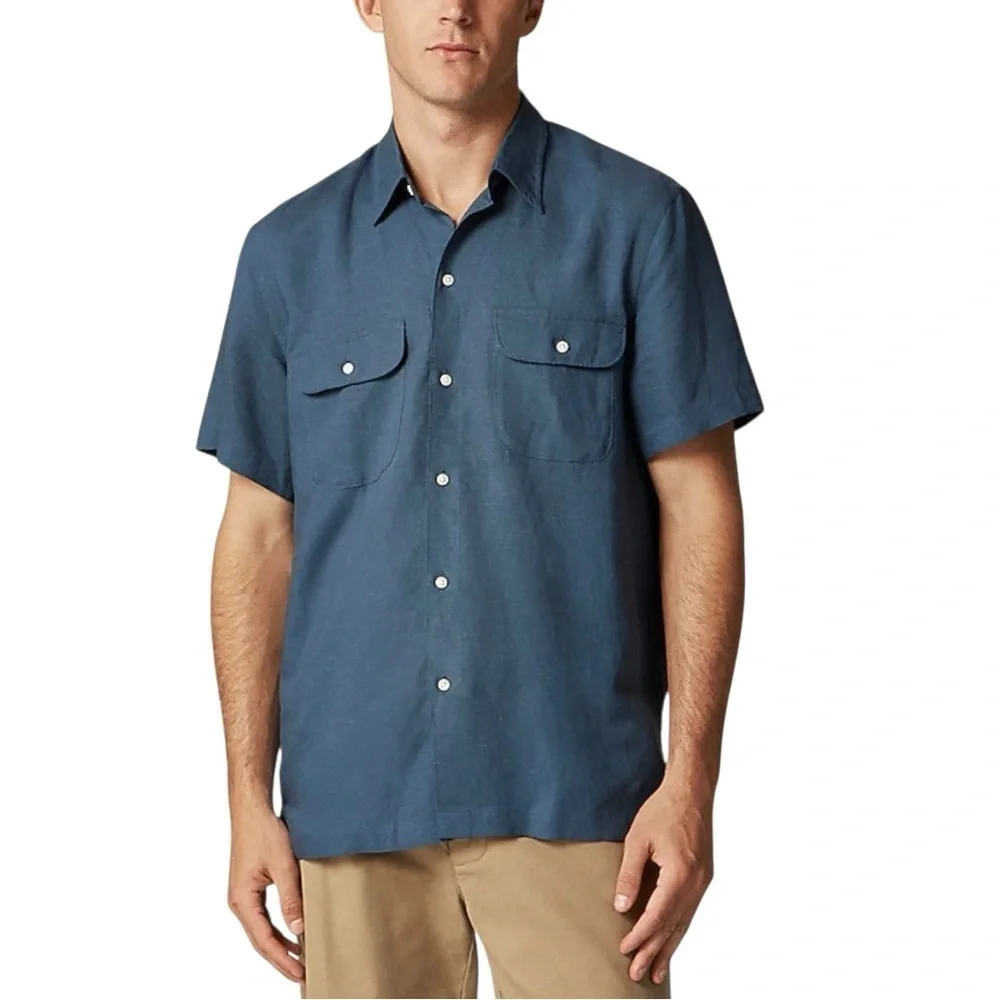 J. Crew Mens Short Sleeve Slub Linen Blend Casual Button Down Shirt NWT S Blue